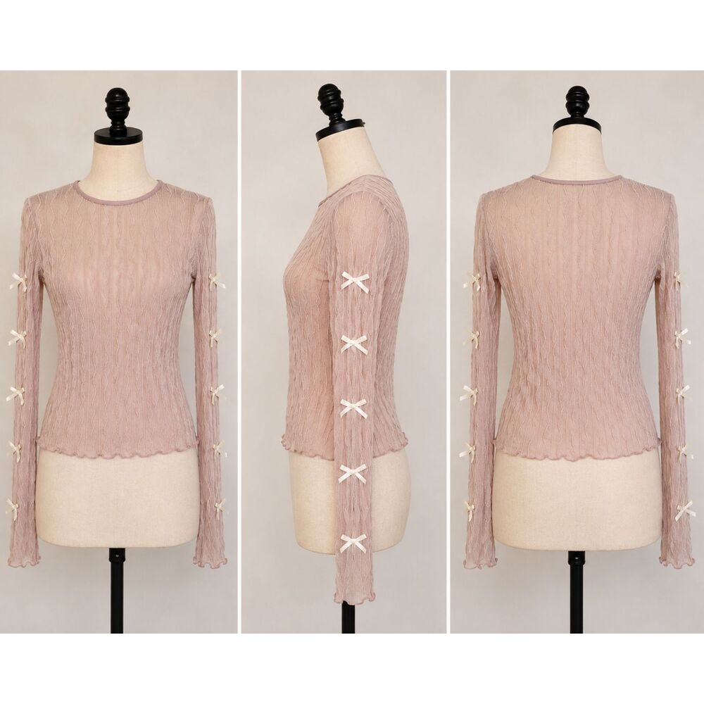 Full Tilt Tillys Women’s M Blush Sheer Mesh Long Sleeve Bow Top Y2K Coquette